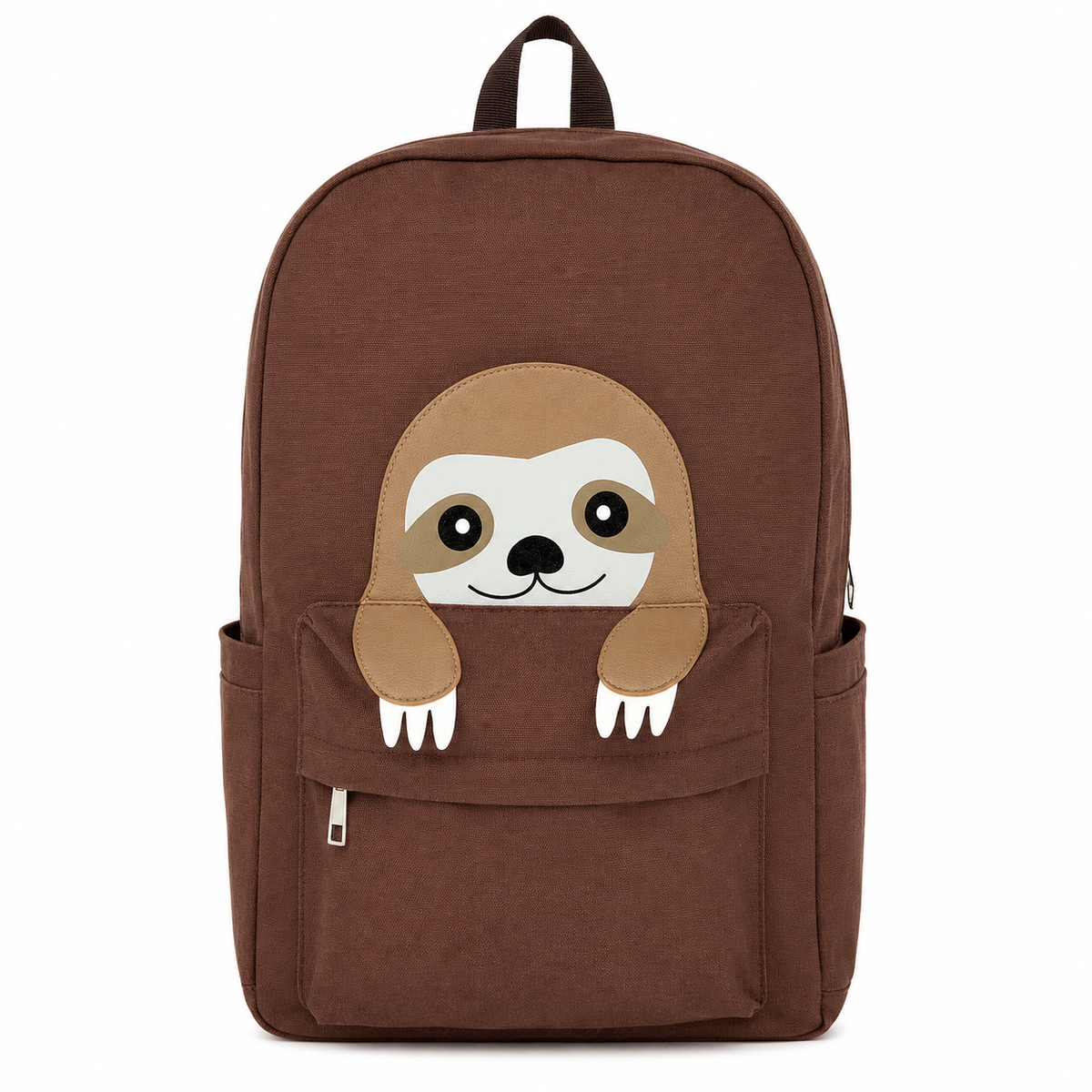 Sloth backpack with peeking sloth design front view