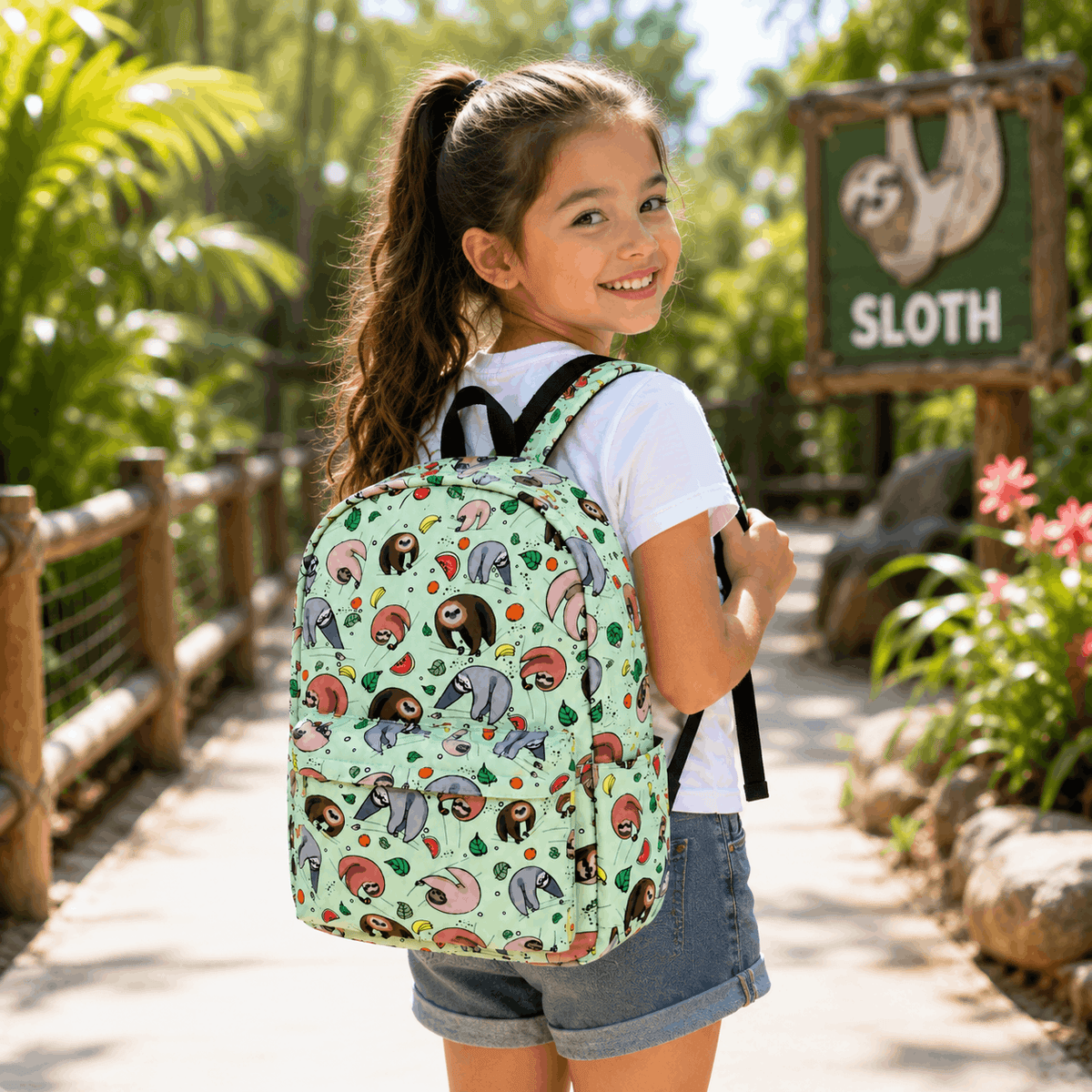 Child wearing the Sloth Backpack outdoors on a sunny nature path.