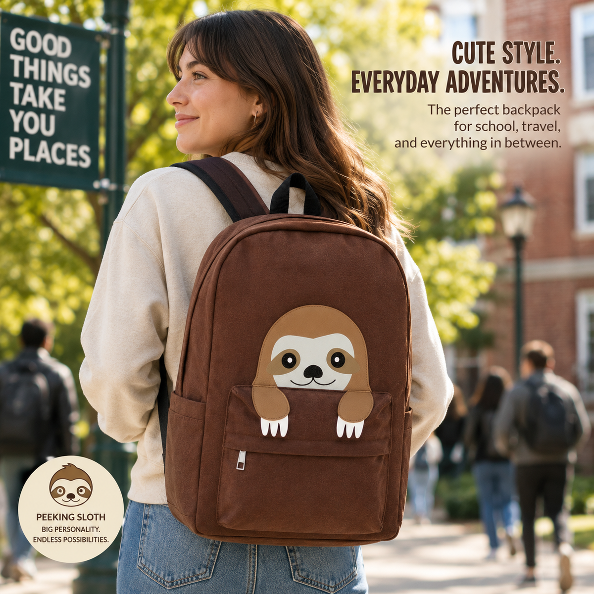 Person wearing a sloth backpack on a college campus