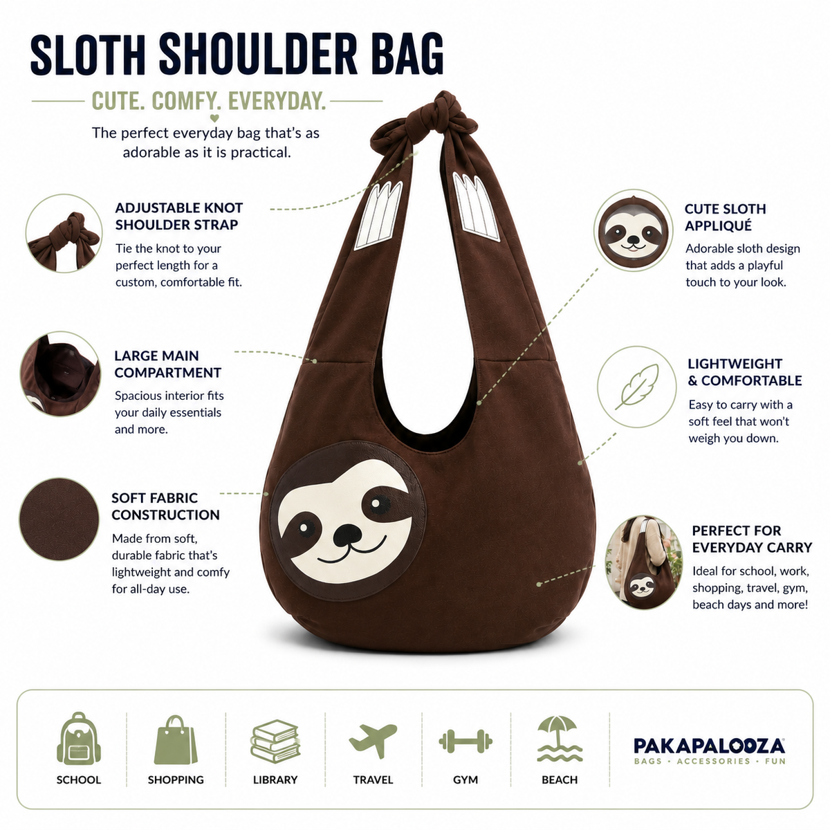 Feature infographic highlighting the Sloth Canvas Hobo Bag with adjustable knot strap, fabric-lined interior, slip pockets, lightweight canvas construction, and everyday carry design


