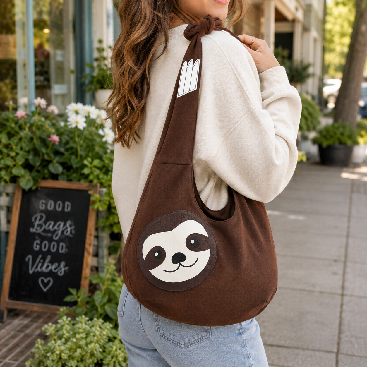 Woman carrying the Sloth Canvas Hobo Bag over her shoulder while shopping outdoors
