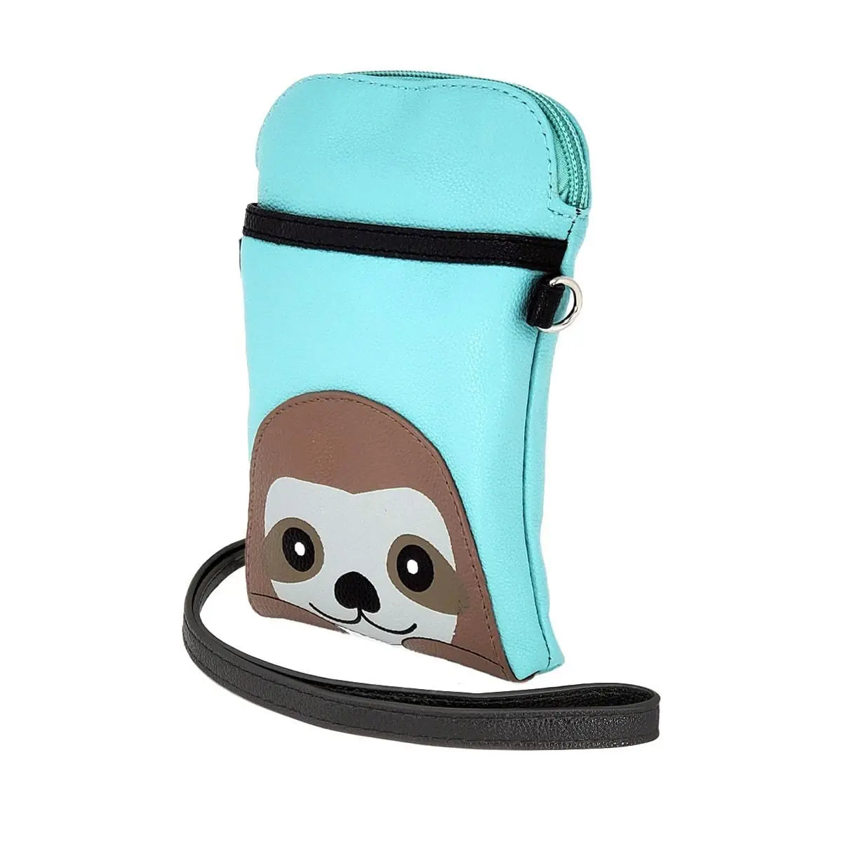 Angled view of turquoise sloth crossbody bag with zipper and shoulder strap