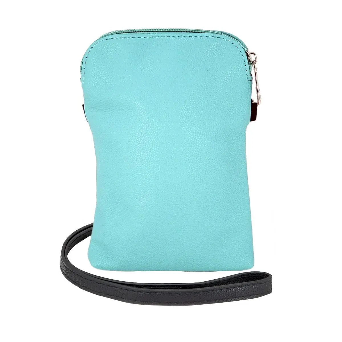 Back view of turquoise sloth crossbody bag with black shoulder strap