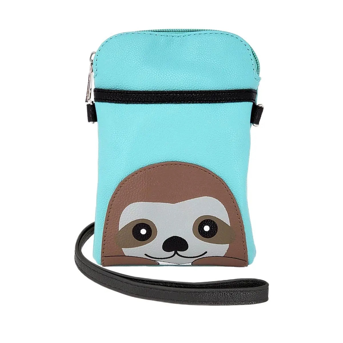 Turquoise sloth crossbody bag with sloth face and black shoulder strap