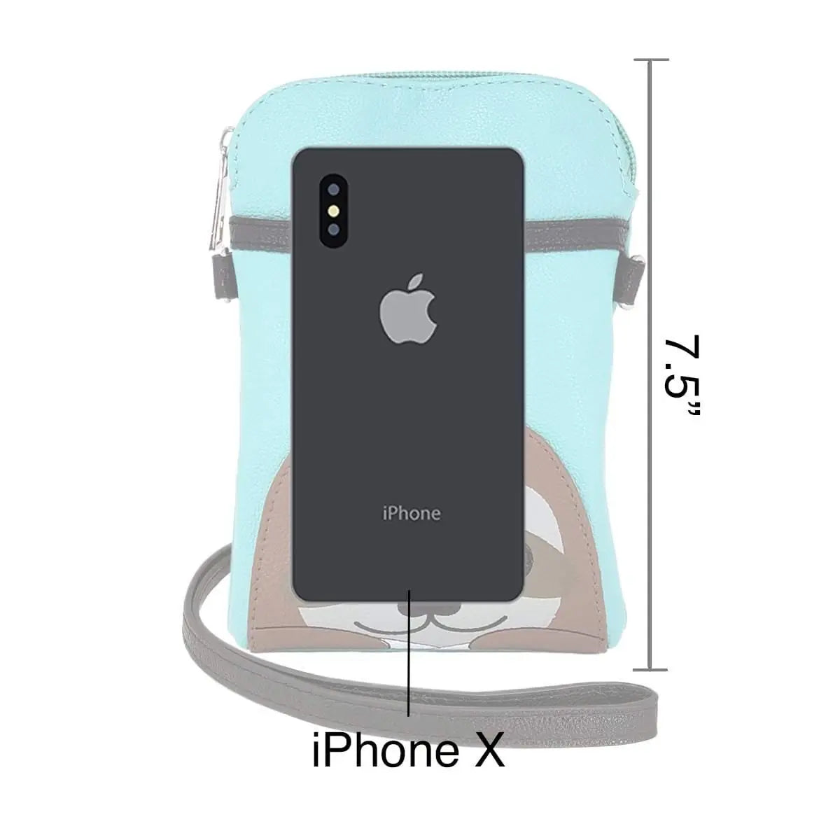 Sloth crossbody bag shown with iPhone X size reference and 7.5-inch height