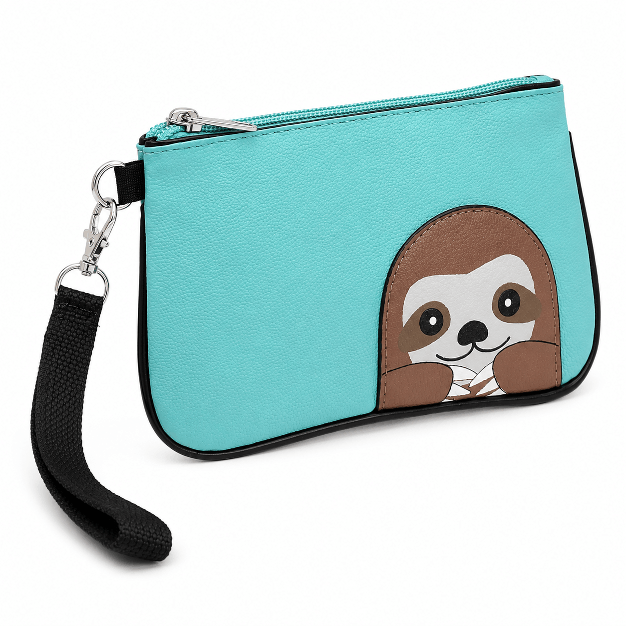 Angled view of a teal sloth wristlet featuring an adorable sloth design, detachable wrist strap, and durable vinyl construction.