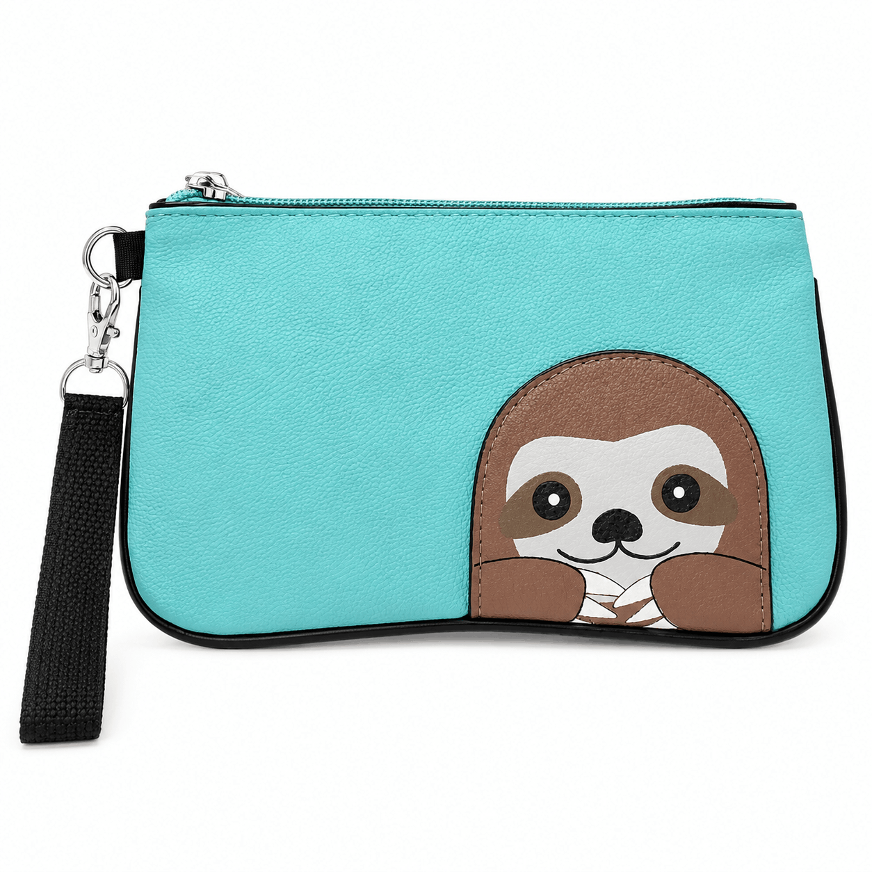 Front view of a cute teal sloth wristlet with detachable wrist strap and secure zipper closure.