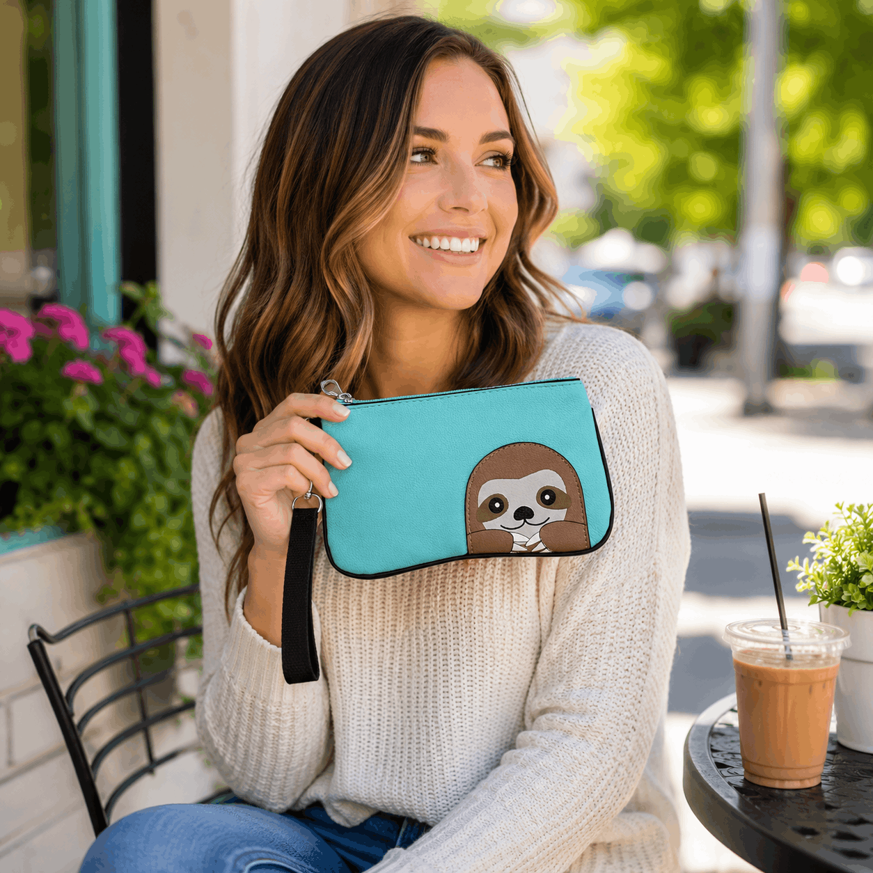 Woman holding a cute teal sloth wristlet while enjoying coffee outdoors, showing its compact everyday size.
