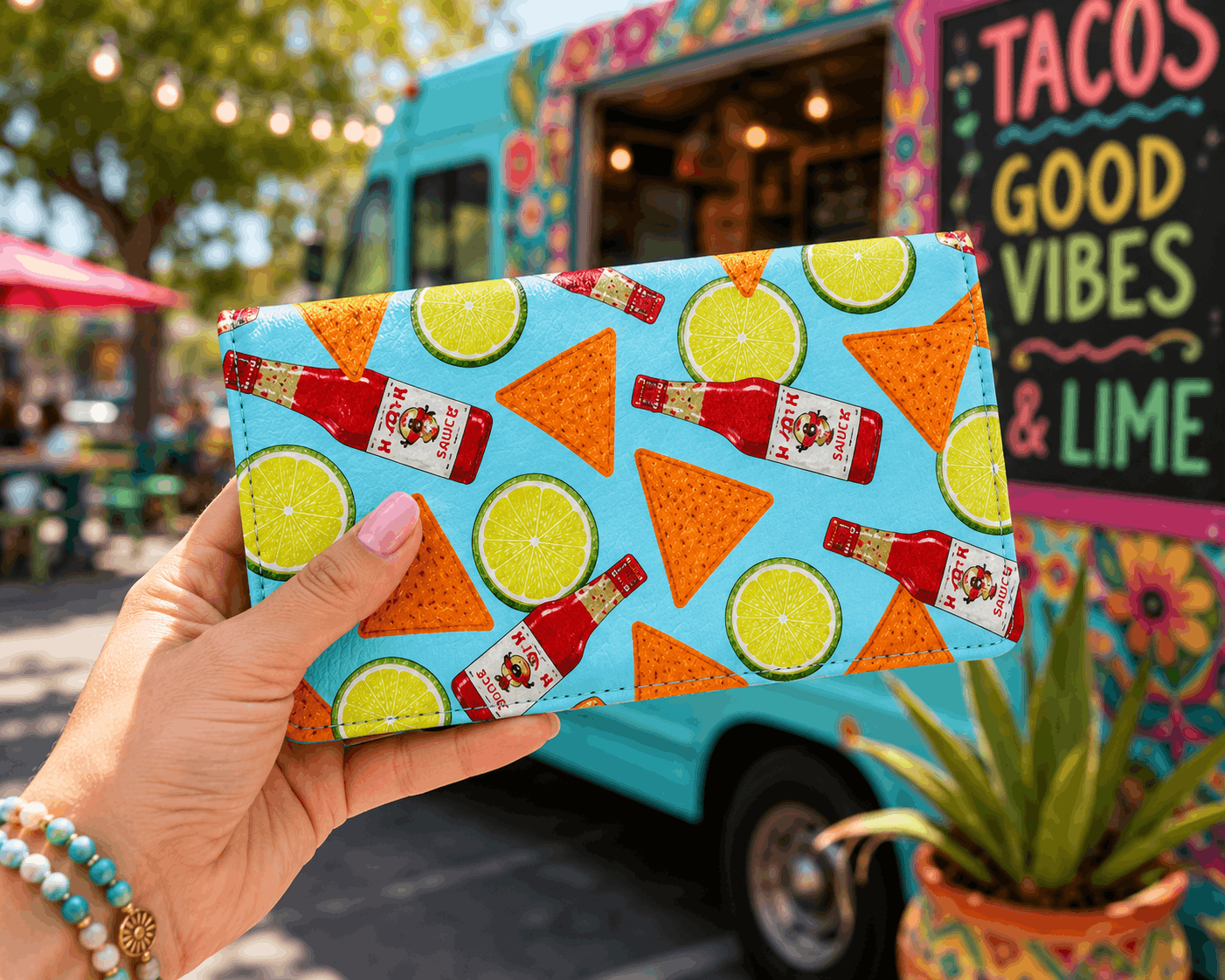 Person holding the Spicy Fiesta bifold wallet showing its size and colorful food-inspired design