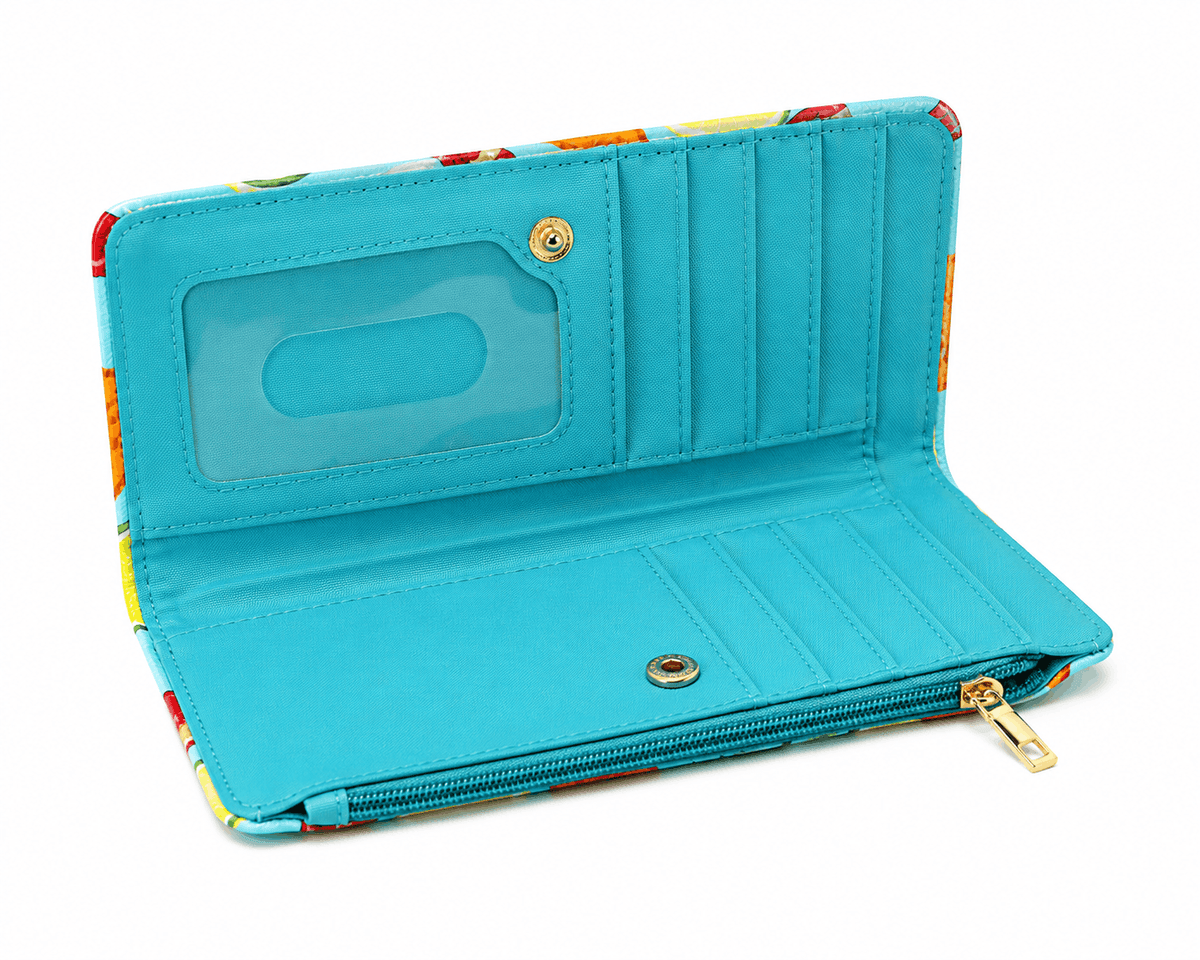Open Spicy Fiesta bifold wallet showing card slots, ID window, bill compartments, and zippered coin pocket