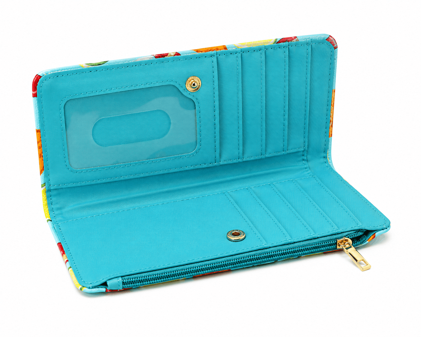 Open Spicy Fiesta bifold wallet showing card slots, ID window, bill compartments, and zippered coin pocket