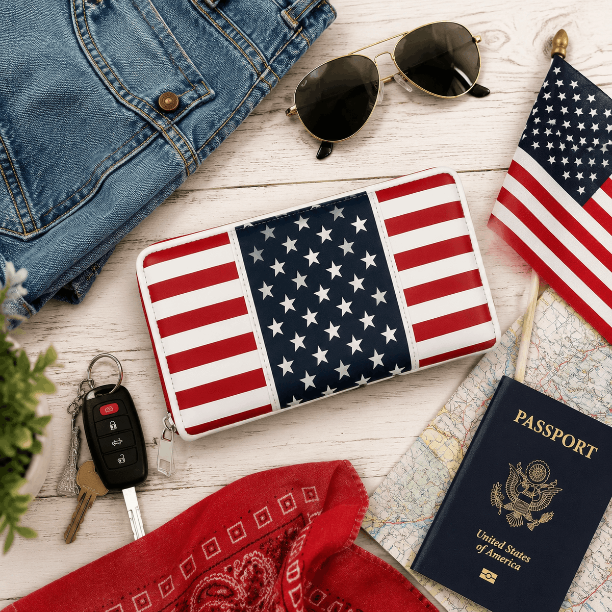 Stars & Stripes Wallet displayed in a patriotic flat lay lifestyle scene