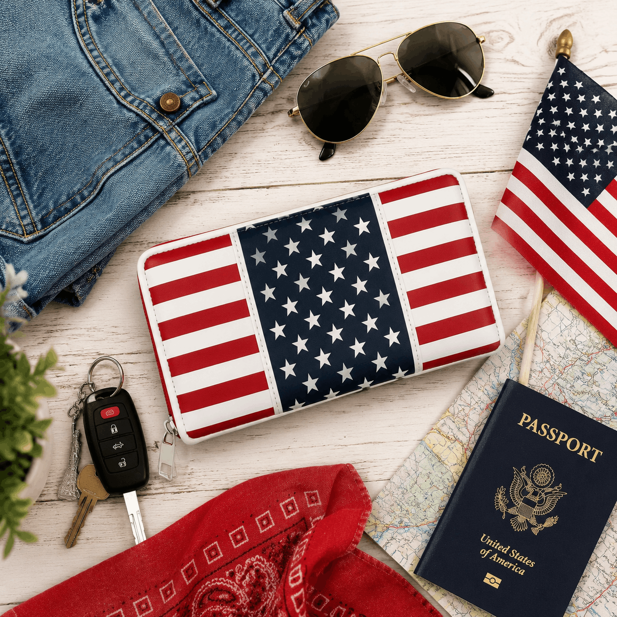 Stars & Stripes Wallet displayed in a patriotic flat lay lifestyle scene