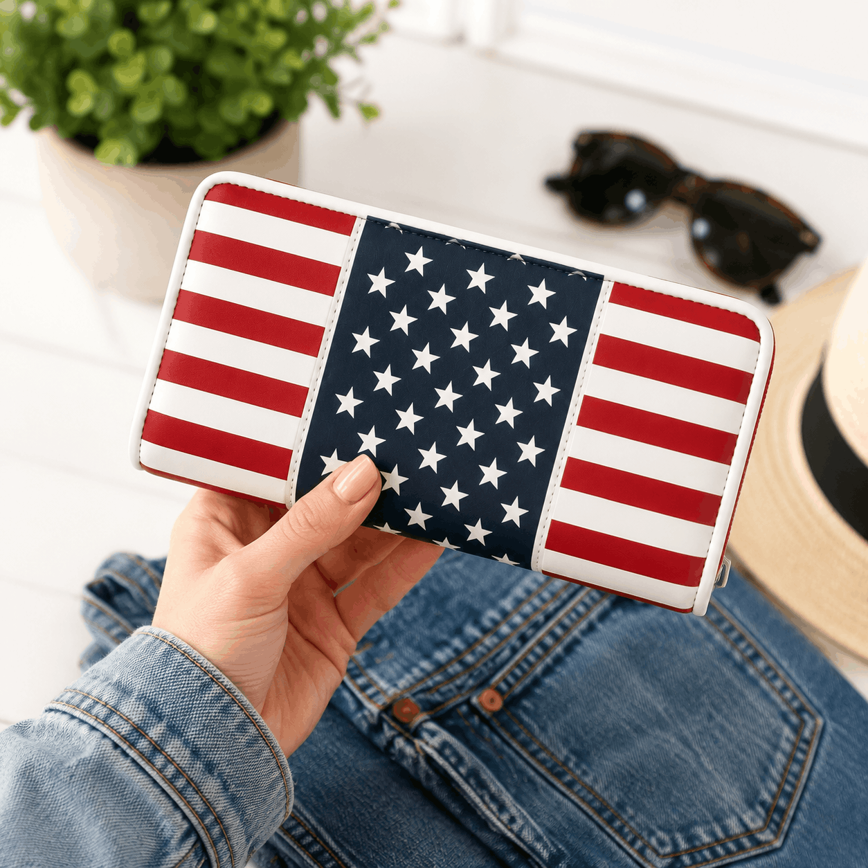 Woman holding the Stars & Stripes Wallet to show its size and patriotic design