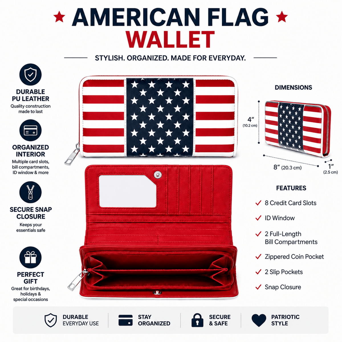 Stars & Stripes Wallet infographic highlighting dimensions, organized interior, zip-around closure, and key features