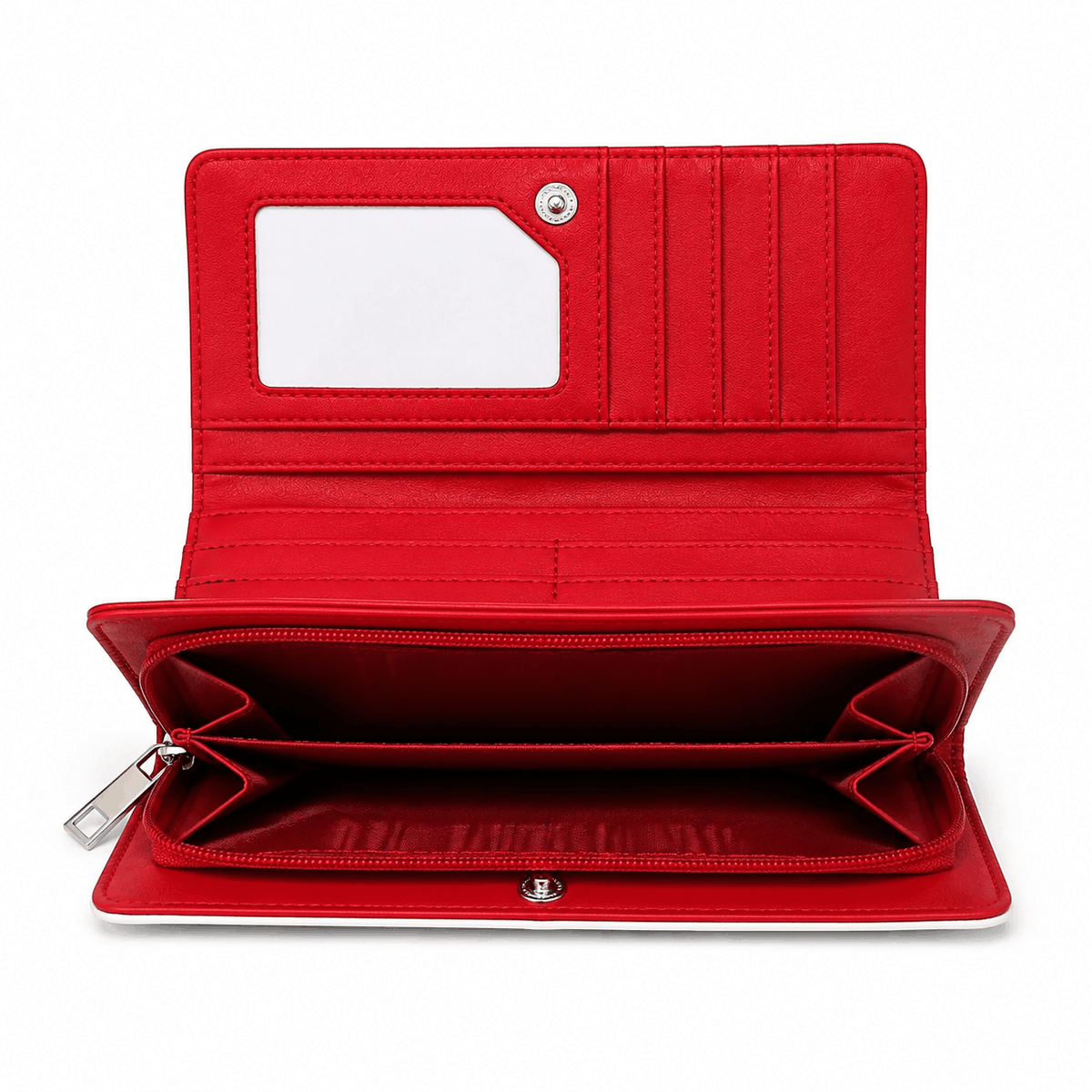 Stars & Stripes Wallet open showing card slots, ID window, bill compartments, and zippered coin pocket