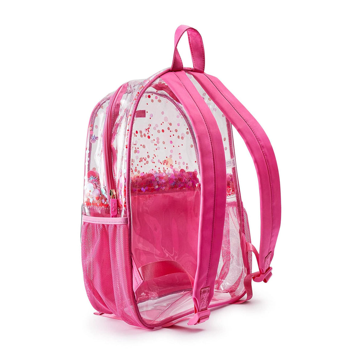 Sweet Tart Pink Confetti Clear Backpack angled view showing its side profile and pink straps.