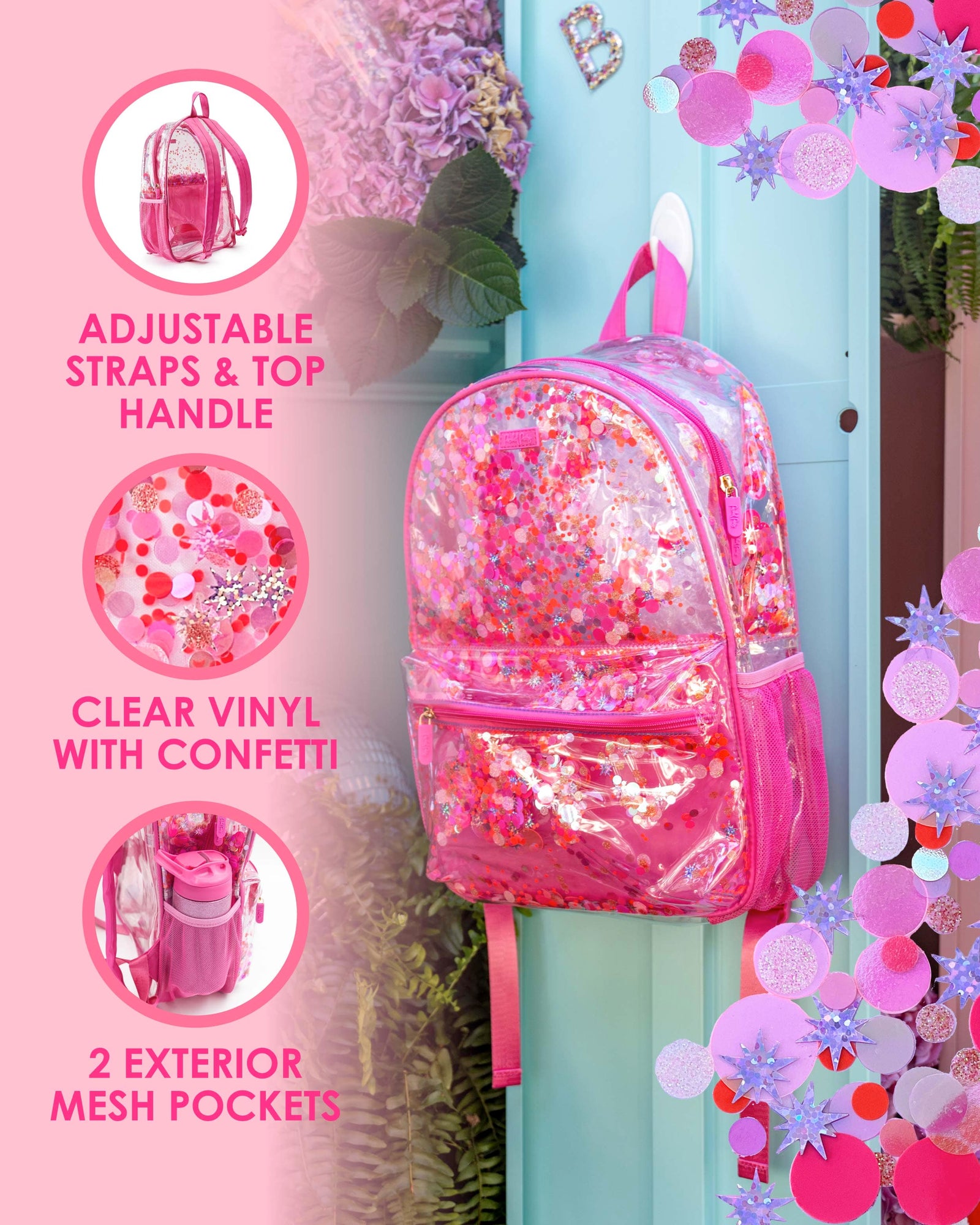 Sweet Tart Confetti Backpack infographic showing adjustable straps, top handle, and mesh bottle pockets.