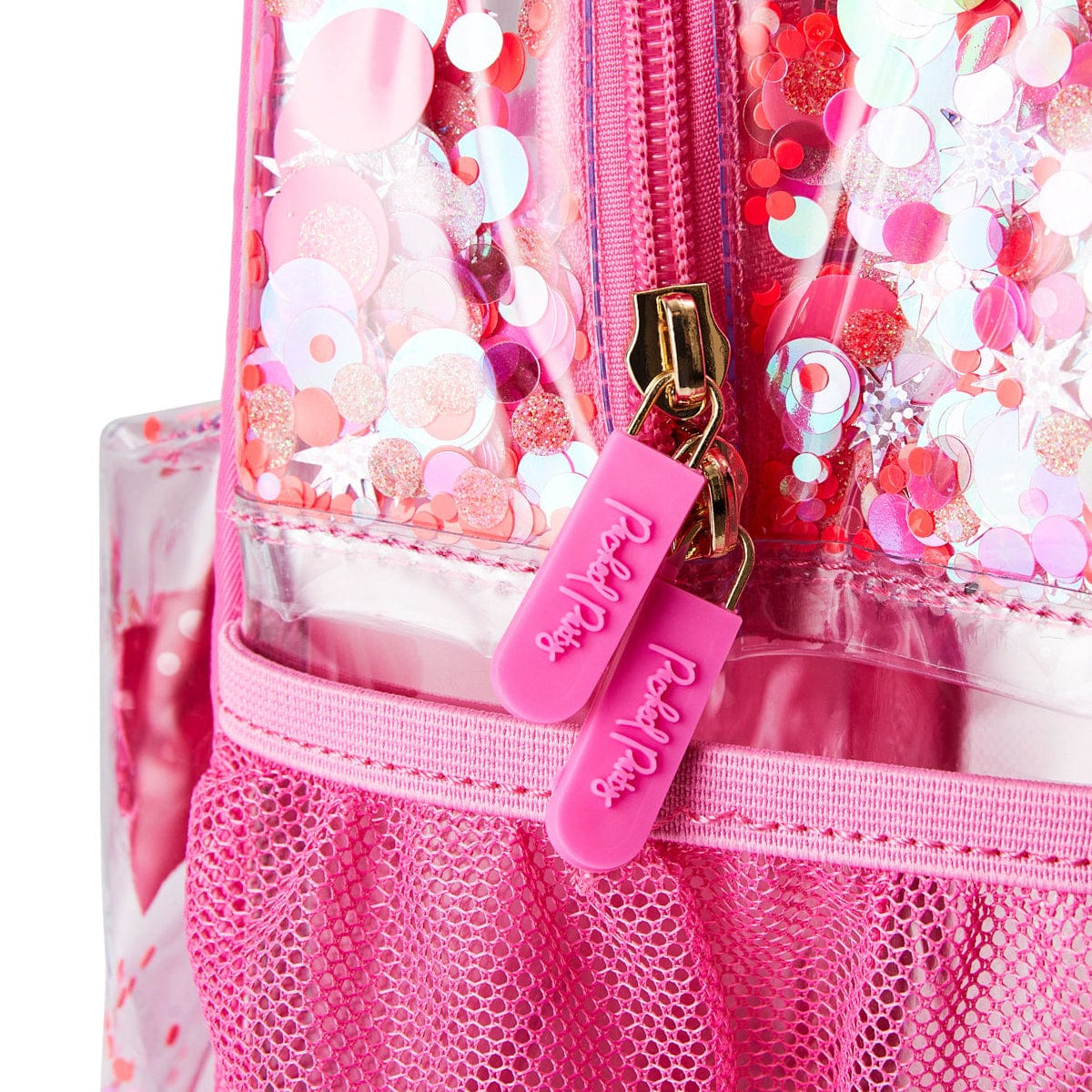 Close-up of pink zipper pulls and a mesh bottle pocket on the Sweet Tart Confetti Backpack.