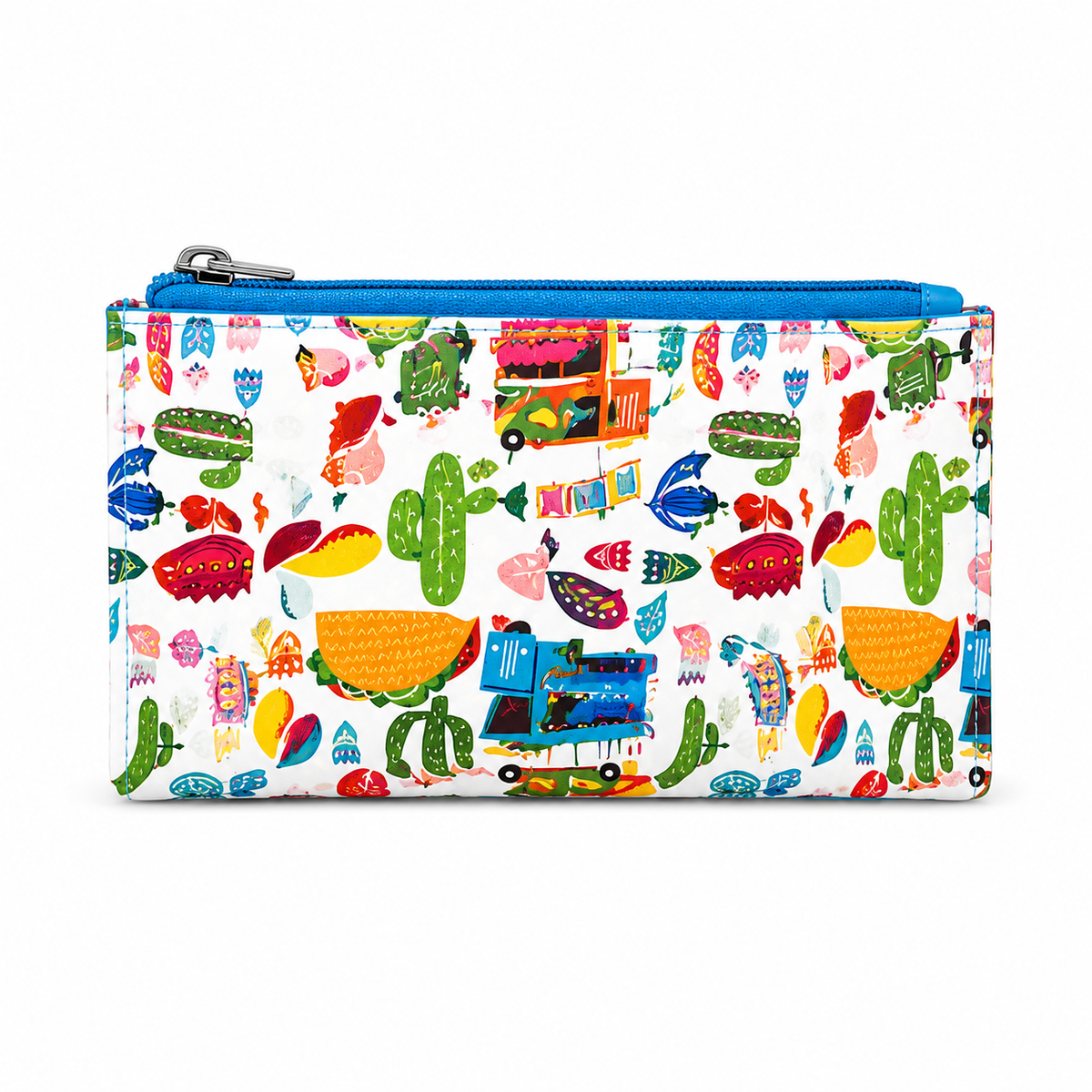 Taco Fiesta Coin Wallet featuring a colorful taco, food truck, cactus, and floral print.