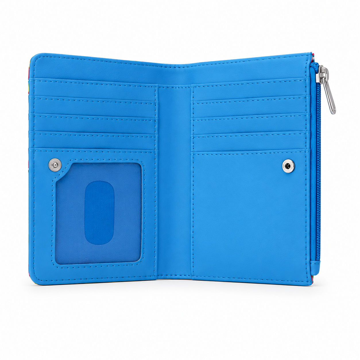 Open Taco Fiesta Coin Wallet showing 7 card slots, clear ID window, bill compartments, and zippered coin pocket.