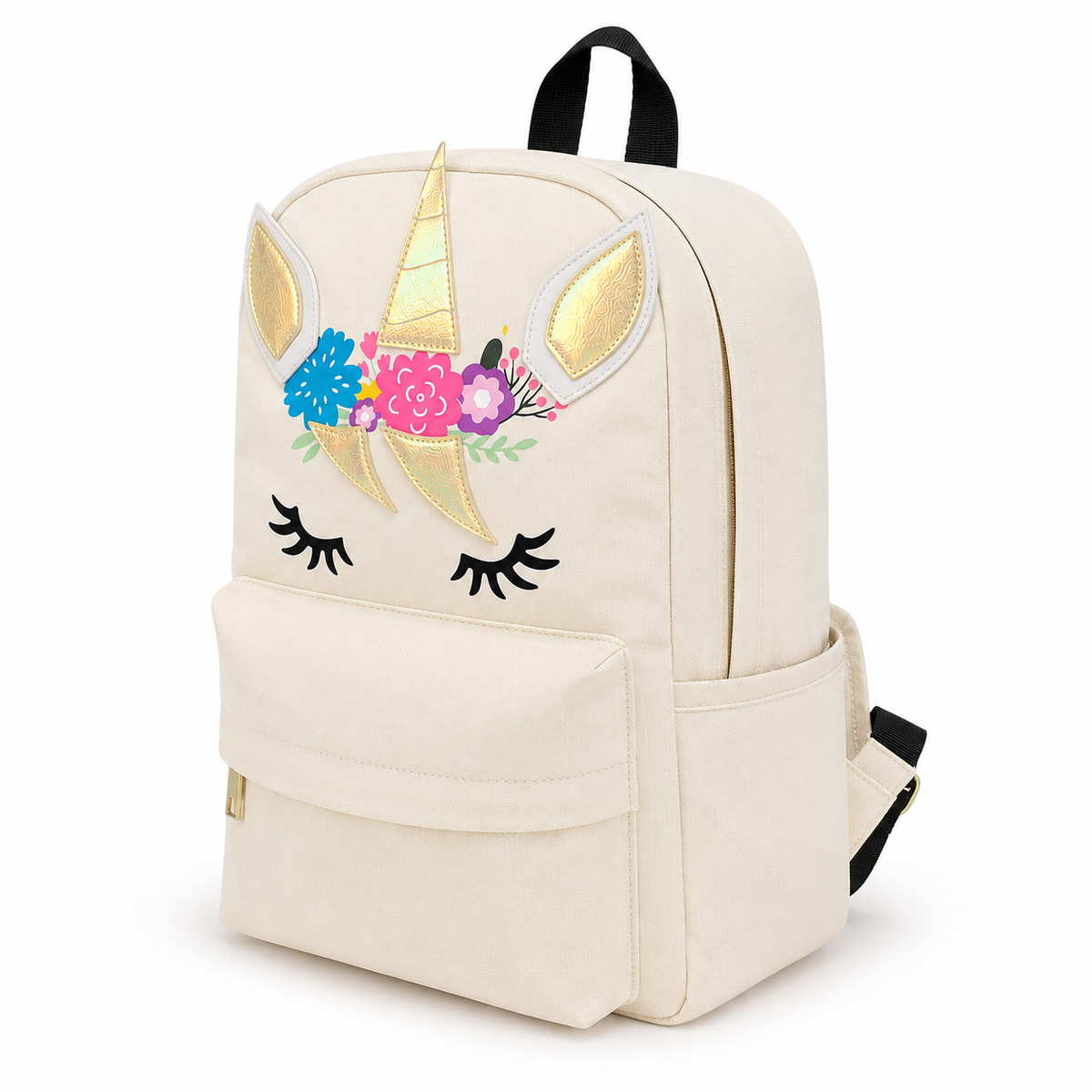 Angled view of the beige Unicorn School & Travel Backpack showing the front design, side pocket, and durable canvas construction.
