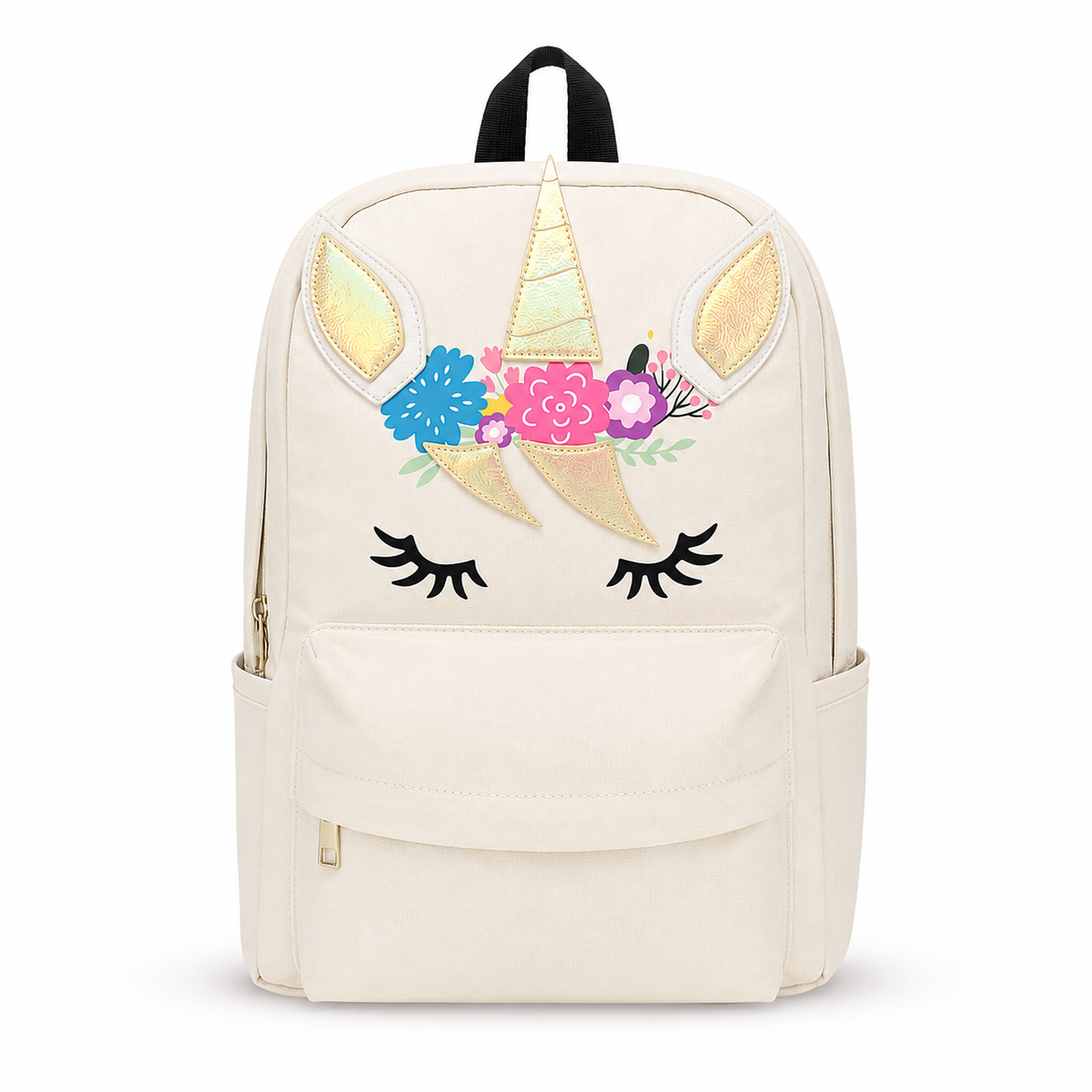 Front view of the beige Unicorn School & Travel Backpack on a pure white background.