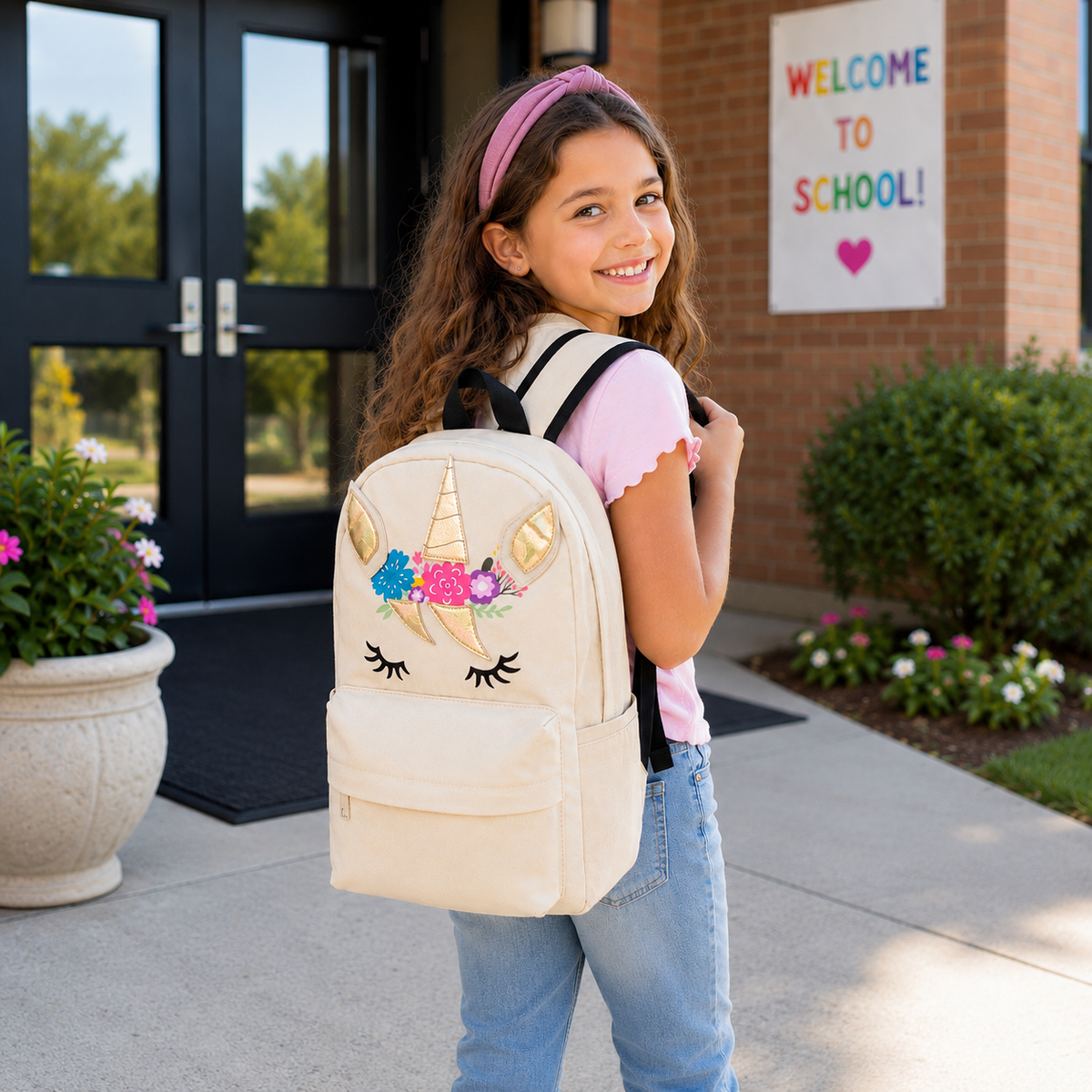 Young girl carrying the beige Unicorn School & Travel Backpack while walking into school on a bright morning.