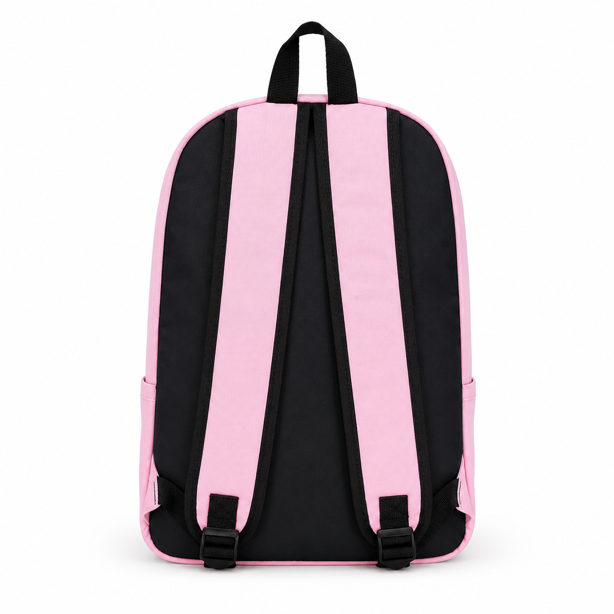 Back view of the pink Unicorn School & Travel Backpack with adjustable padded shoulder straps and padded back panel on a white background.