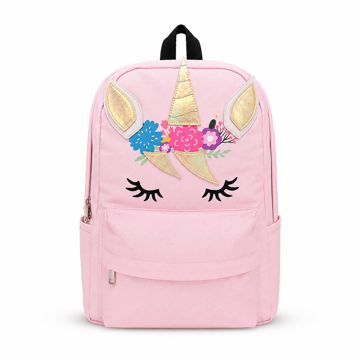 Front view of the pink Unicorn School &amp; Travel Backpack on a pure white background