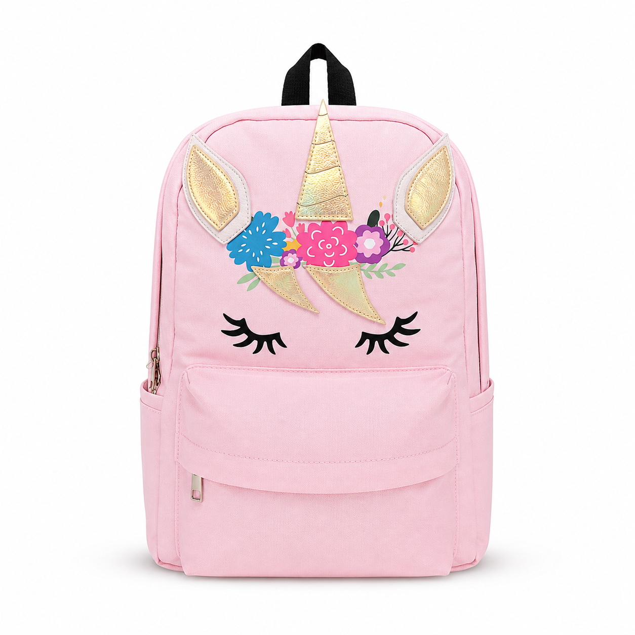 Front view of the pink Unicorn School & Travel Backpack on a pure white background