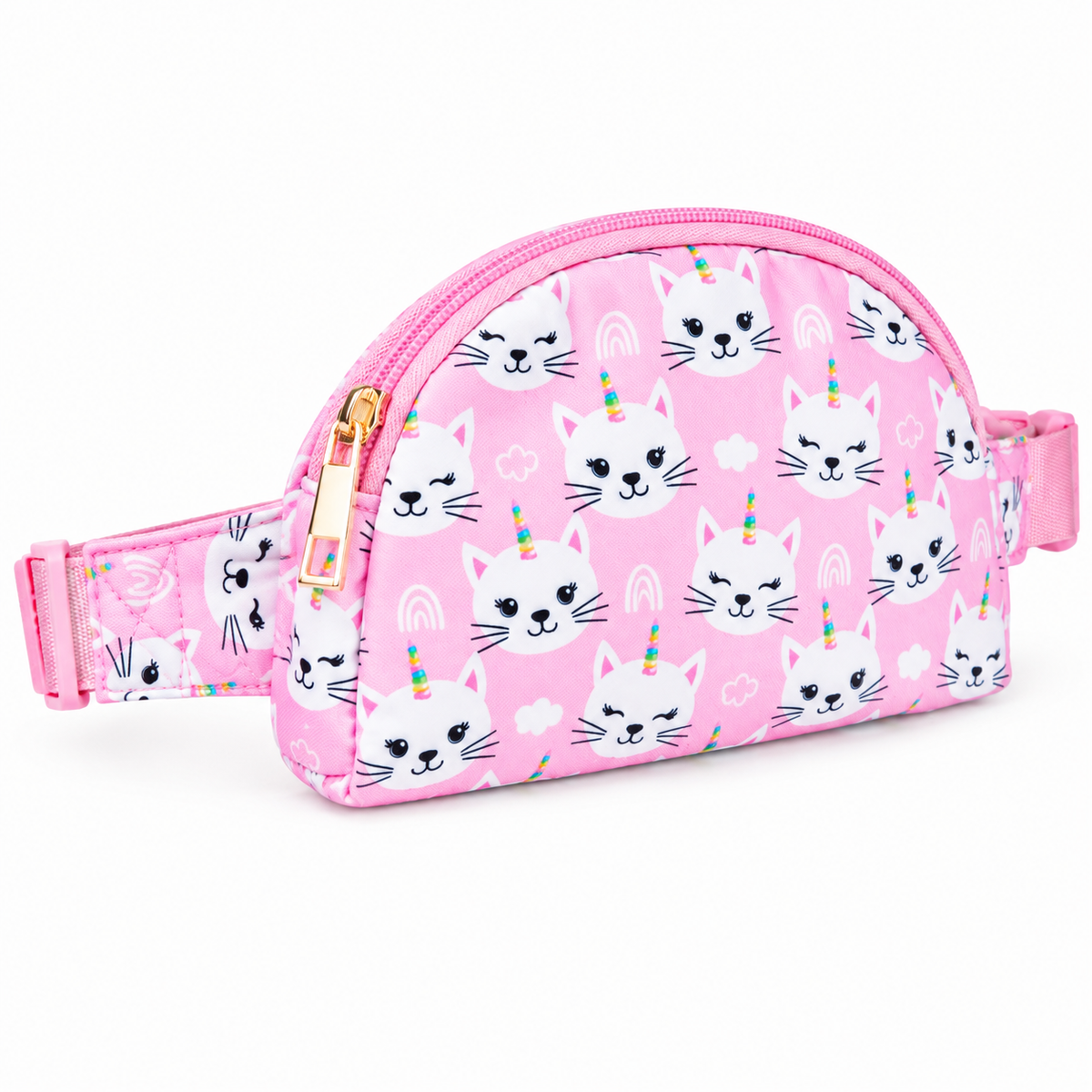 Angled view of the Unicorn Kitties belt bag showing the pink unicorn cat print, adjustable strap, and gold-tone zipper pull.