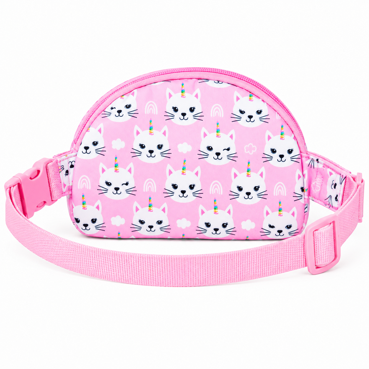 Back view of the Unicorn Kitties belt bag with matching pink unicorn cat pattern and adjustable waist strap.