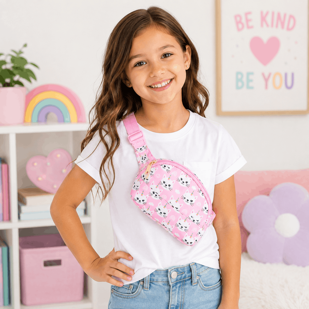 Child wearing the Unicorn Kitties belt bag as a crossbody bag in a bright playroom.