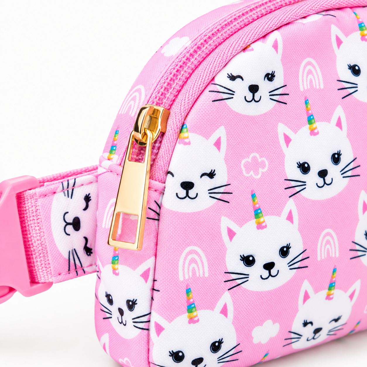 Close-up of the Unicorn Kitties belt bag highlighting the unicorn cat print, zipper, stitching, and gold-tone zipper pull.