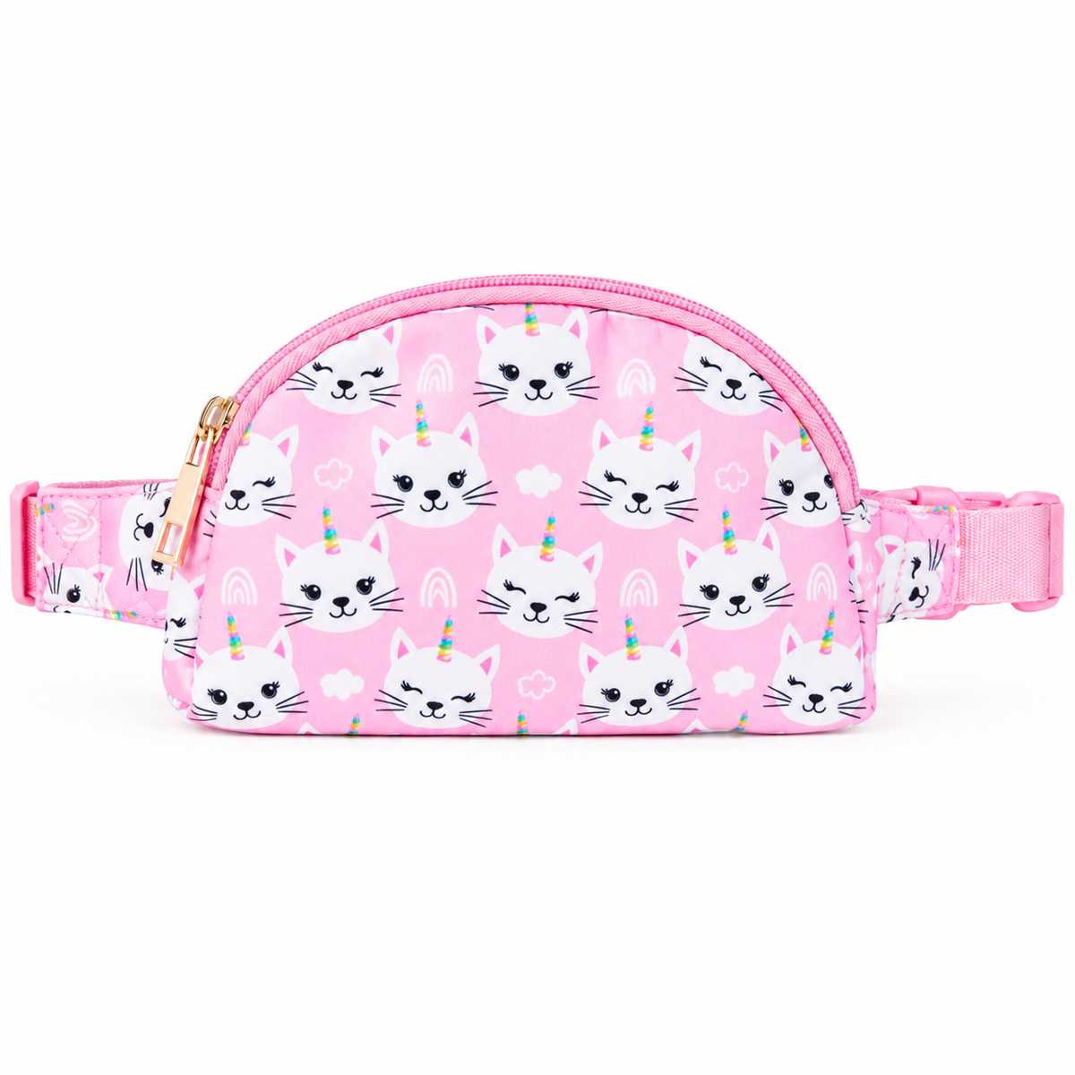 Unicorn Kitties belt bag with a pink background featuring white unicorn cats, rainbows, and clouds.