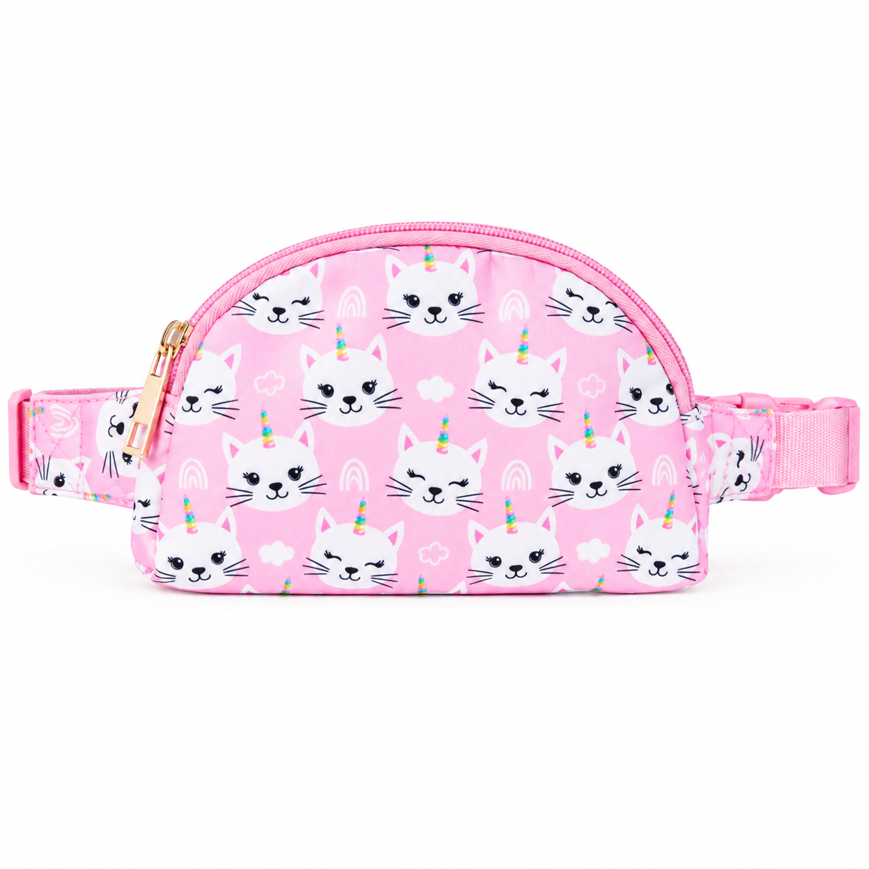 Unicorn Kitties belt bag with a pink background featuring white unicorn cats, rainbows, and clouds.