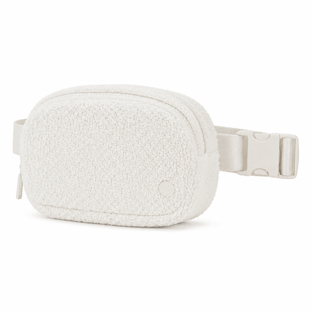Off-white fleece belt bag shown from a 45-degree angle