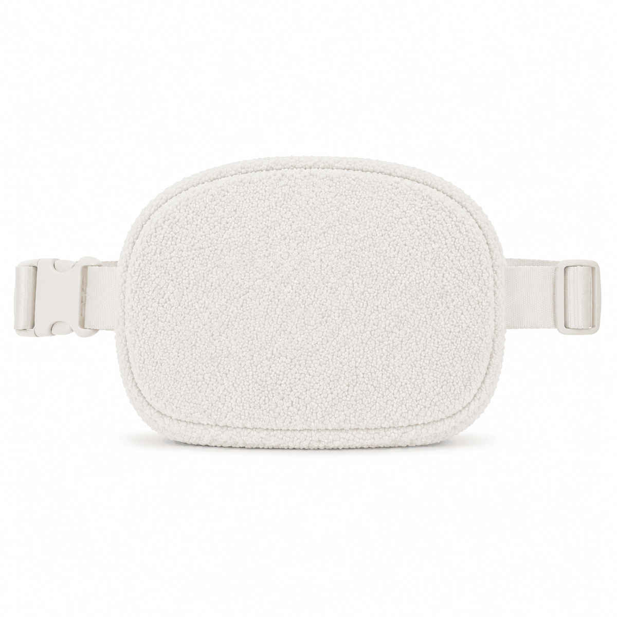 Back of off-white fleece belt bag with adjustable strap and buckl