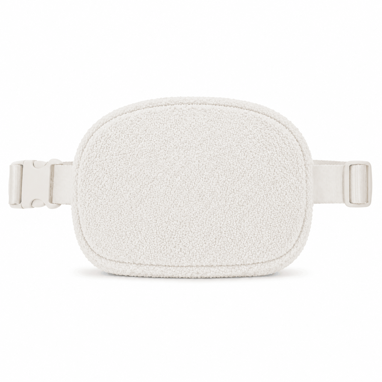 Back of off-white fleece belt bag with adjustable strap and buckl