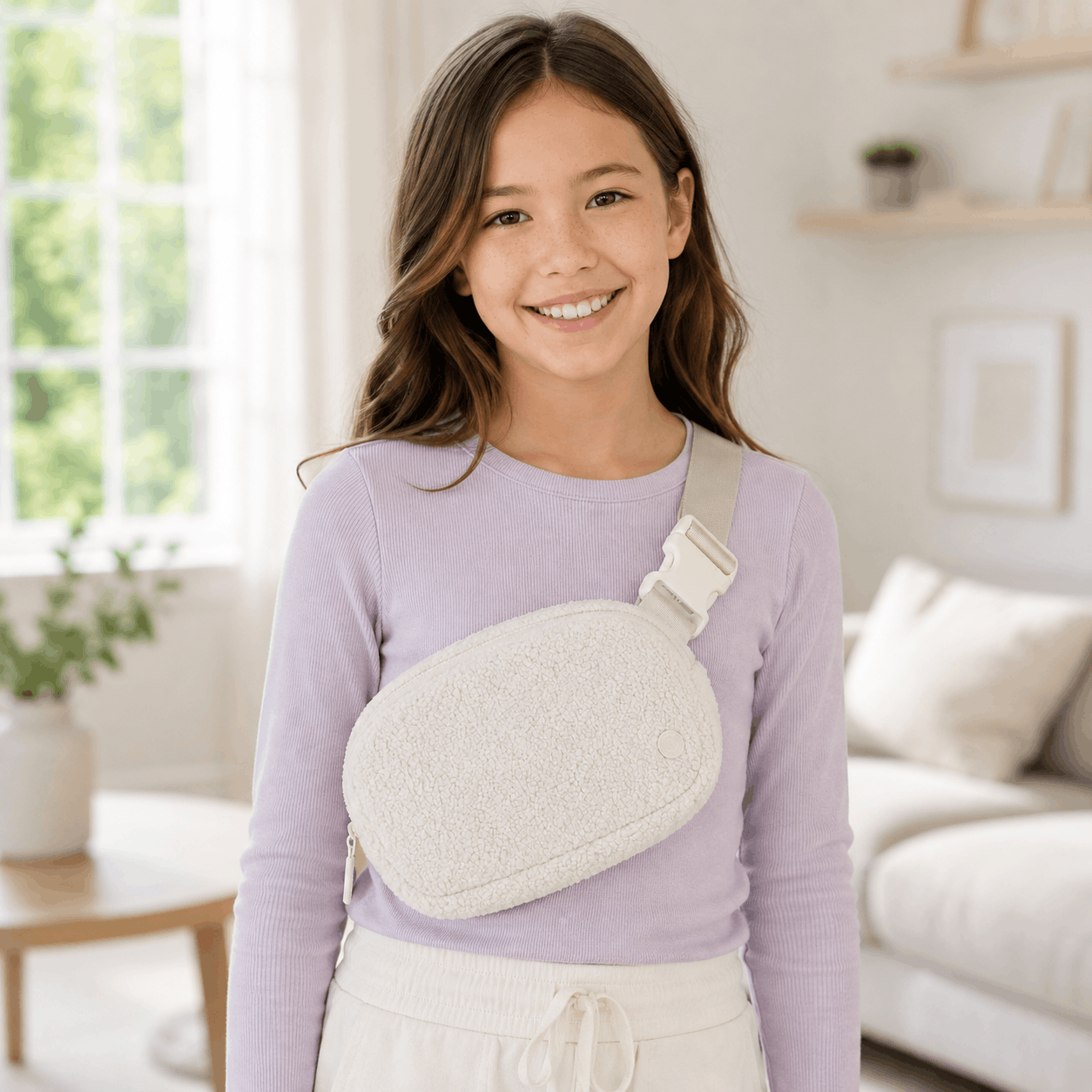 Child wearing an off-white fleece belt bag crossbody indoors