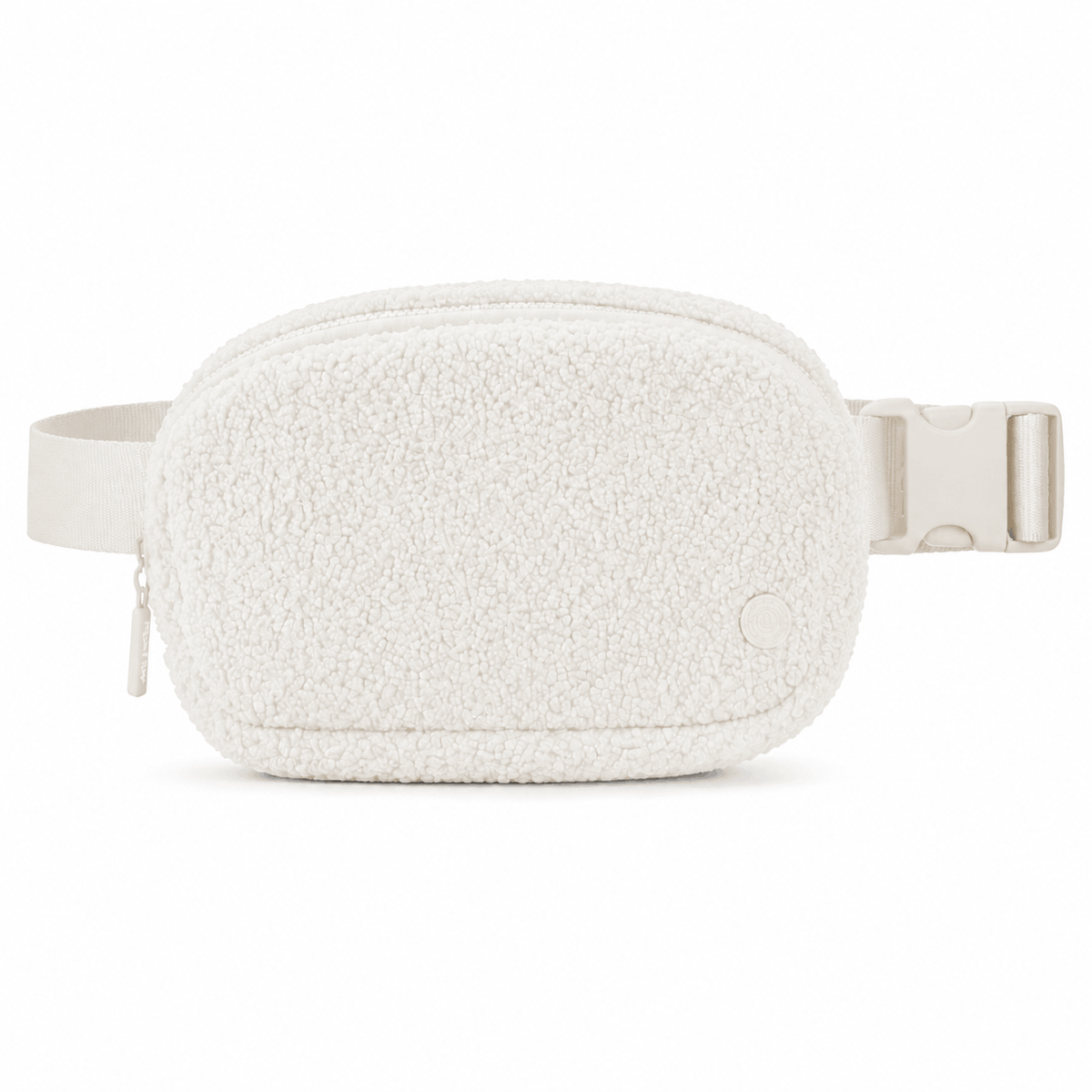 Off-white fleece belt bag with matching strap and buckle, front view
